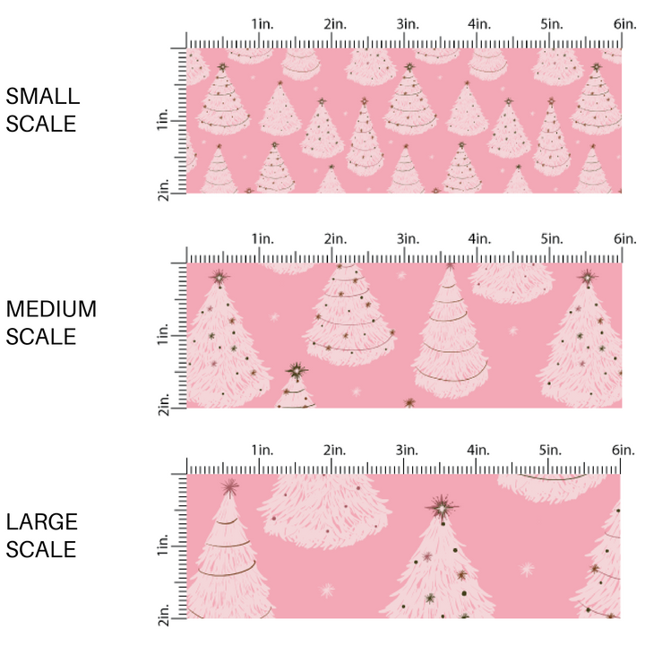 Christmas Fabric By The Yard | Festive Trees on Pink | Pastel Snowy Forest