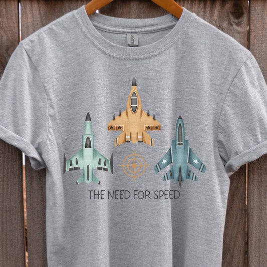 Blue and orange Airplane Iron on heat transfer with the phrase "The Need For Speed"