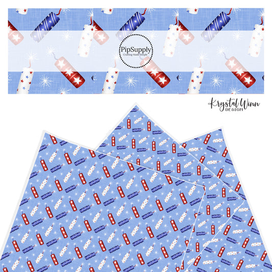 patriotic firecrackers with stars on light blue background faux leather sheet