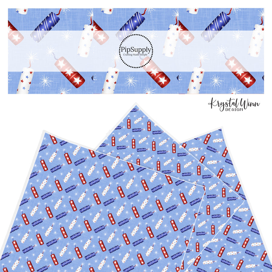 patriotic firecrackers with stars on light blue background faux leather sheet