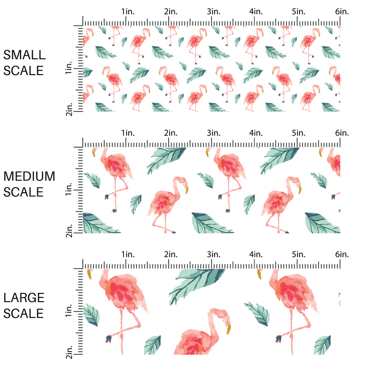 White fabric by the yard scaled image guide with pink flamingos and green palm leaves