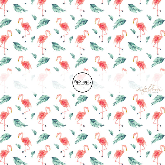 White fabric by the yard with pink flamingos and green palm leaves - Summer Fabric by the Yard Indy Bloom 