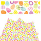 Daisies on purple and yellow, chevron on orange and yellow. polka dots on blue green, and pink easter eggs on white faux leather sheet