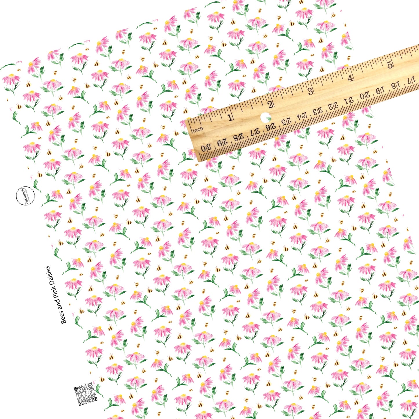 Bumble bees and pink flowers on white faux leather sheet