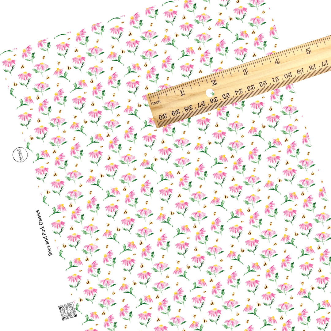 Bumble bees and pink flowers on white faux leather sheet