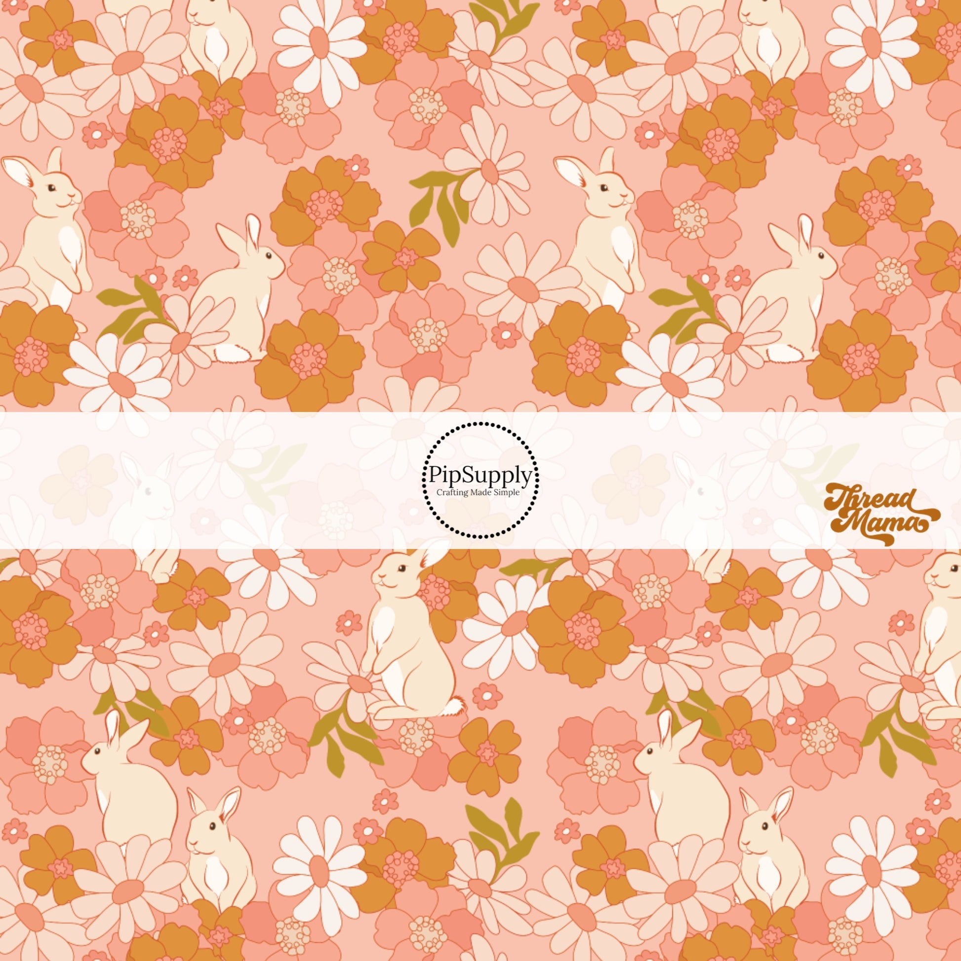 White, rust, and pink flowers with a white bunny bow strip