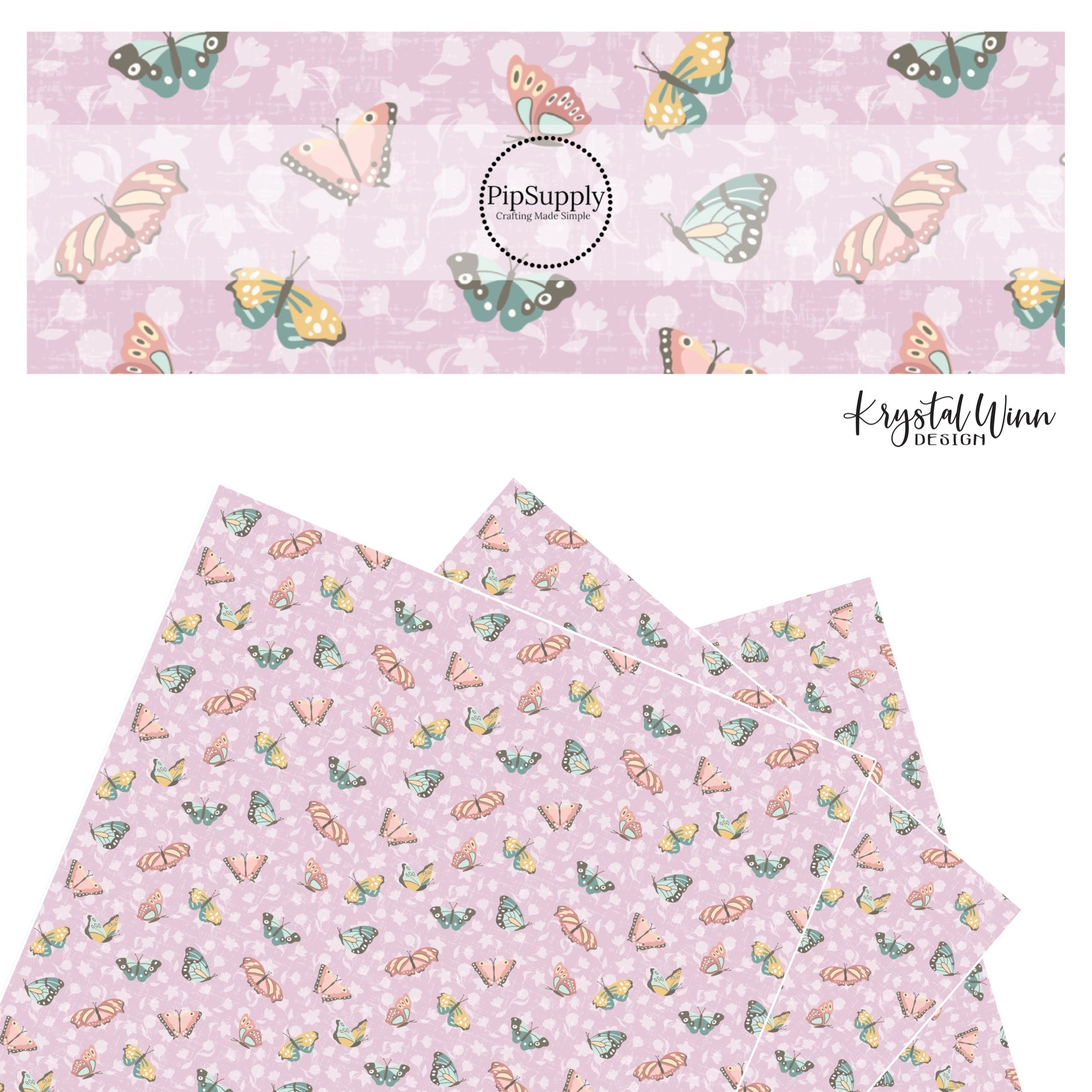 Pink, blue, and yellow butterflies with pale lavender flowers on a lavender faux leather sheets