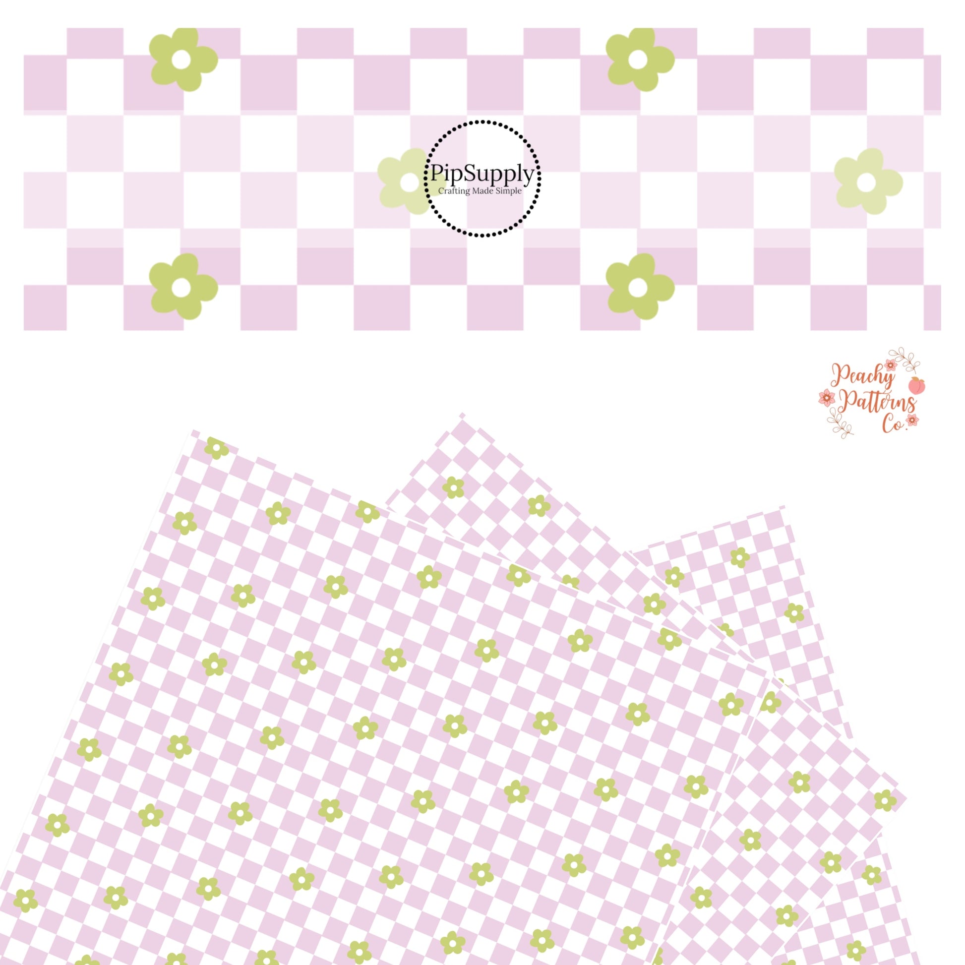 Green flowers with white center on purple and white checkered faux leather sheets