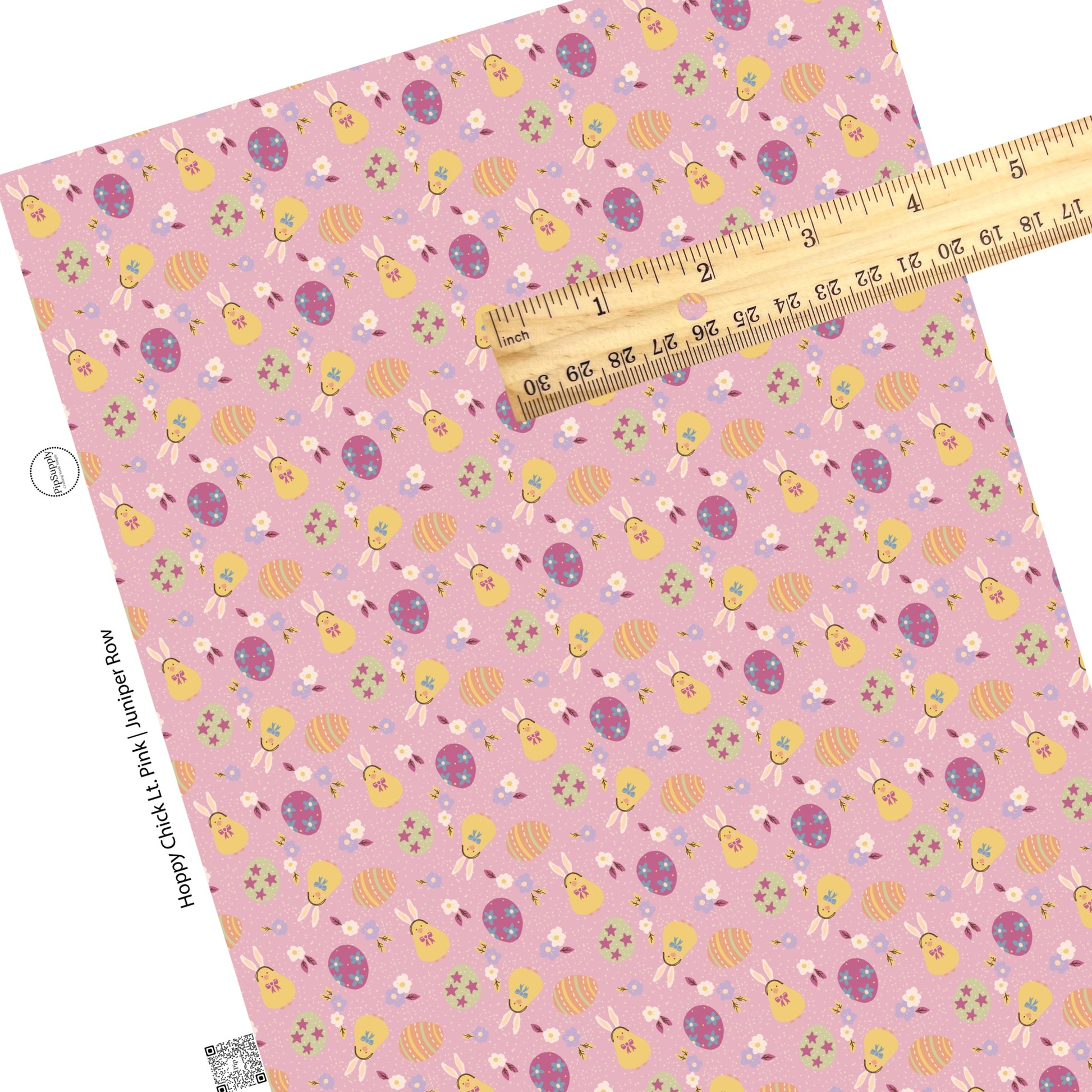 Flowers on green and purple eggs, stripes on orange eggs, purple and cream flowers, and yellow chicks on polka dot mauve faux leather sheets