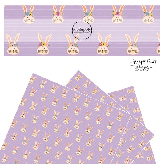 Brown bunnies with multi floral crown on lavender stripe faux leather sheet