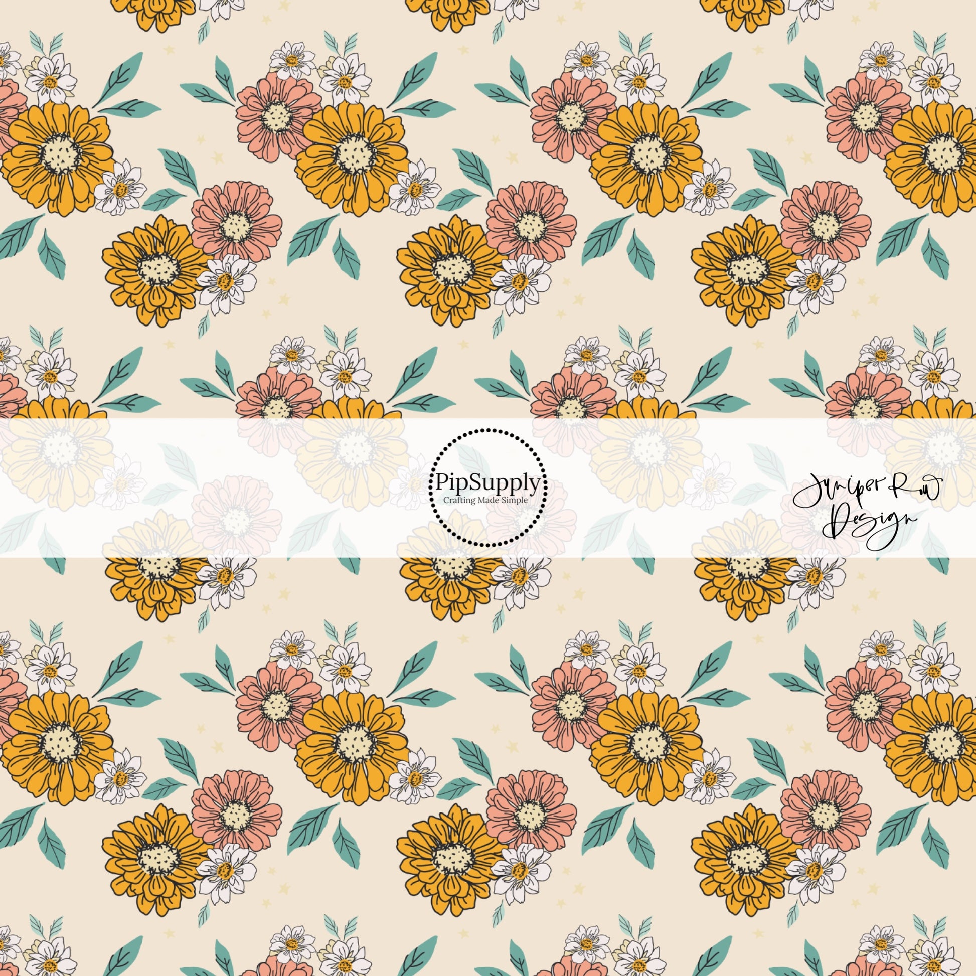 Cream fabric by the yard with white, coral, and yellow floral designs