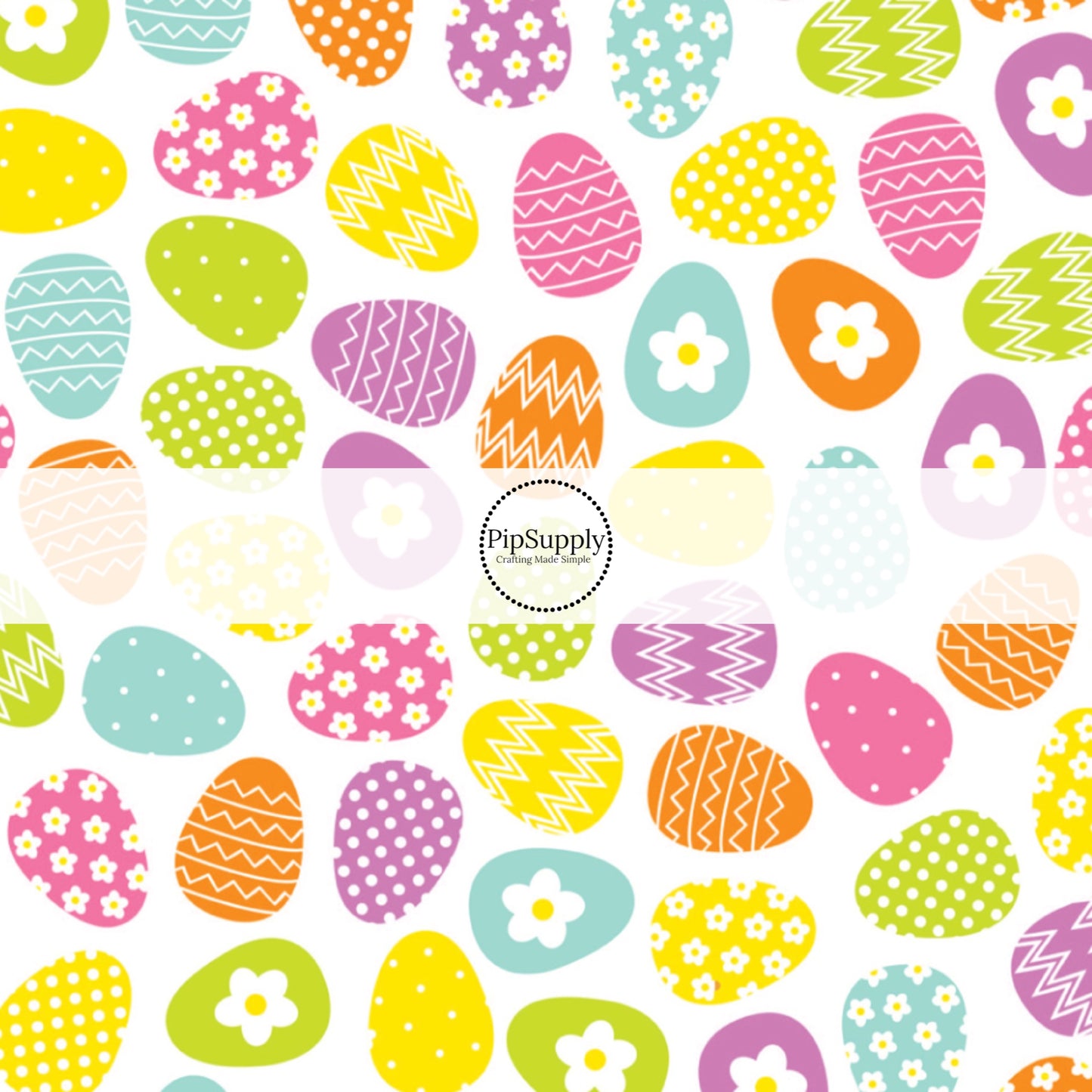 Blue, green, yellow, purple, and pink eggs with multiple patterns on white bow strips