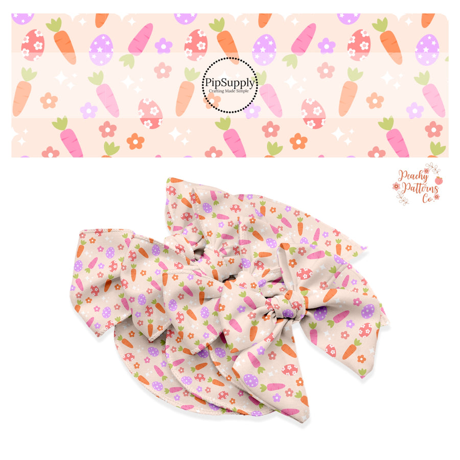 Orange/pink carrots, floral/stars easter eggs, purple, pink, and orange flowers and white stars on peach bow strips