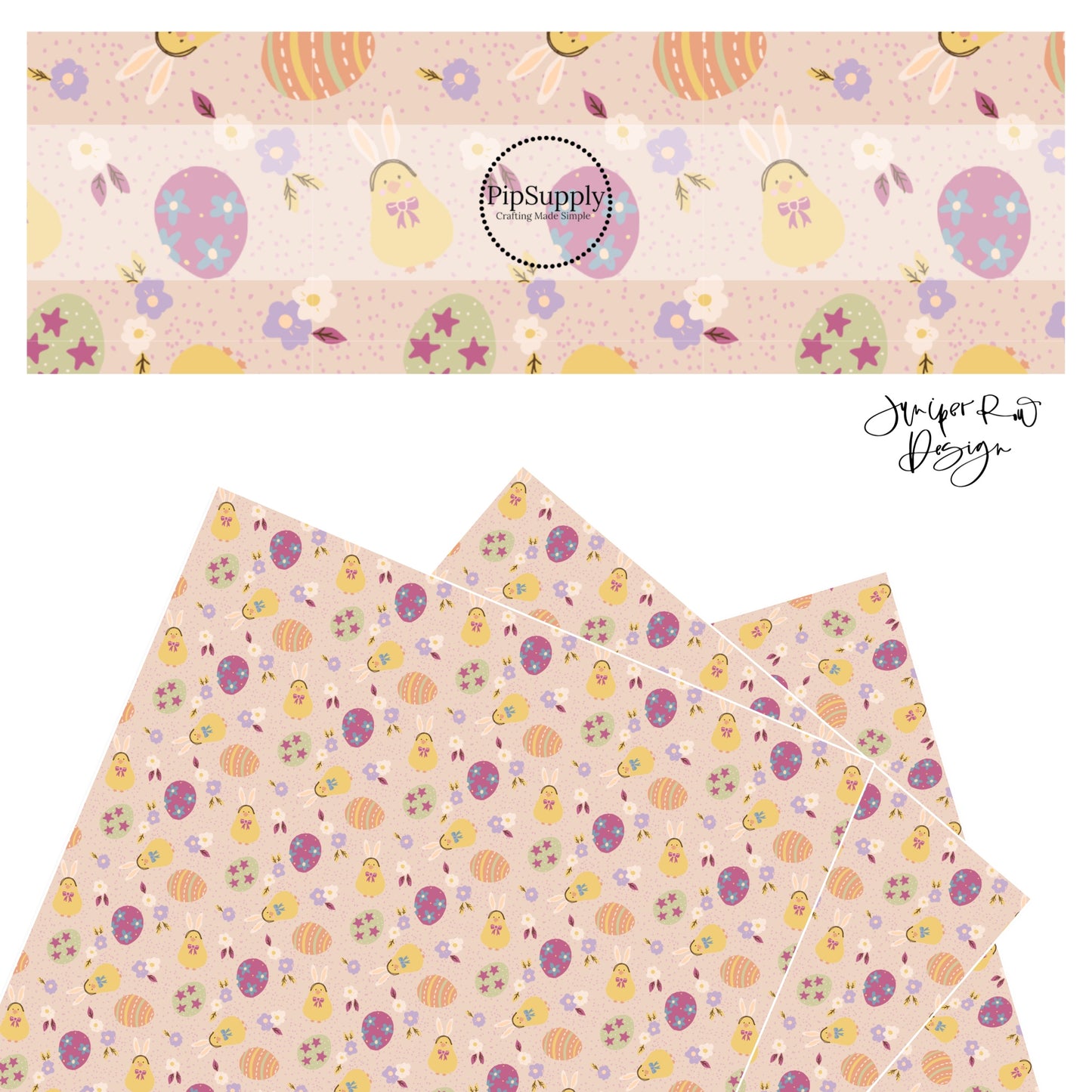 Flowers on purple, purple stars on green, stripes on orange easter eggs. Yellow chick with purple bow and bunny ears eith purple and cream flowers on pink polka dot faux leather sheet