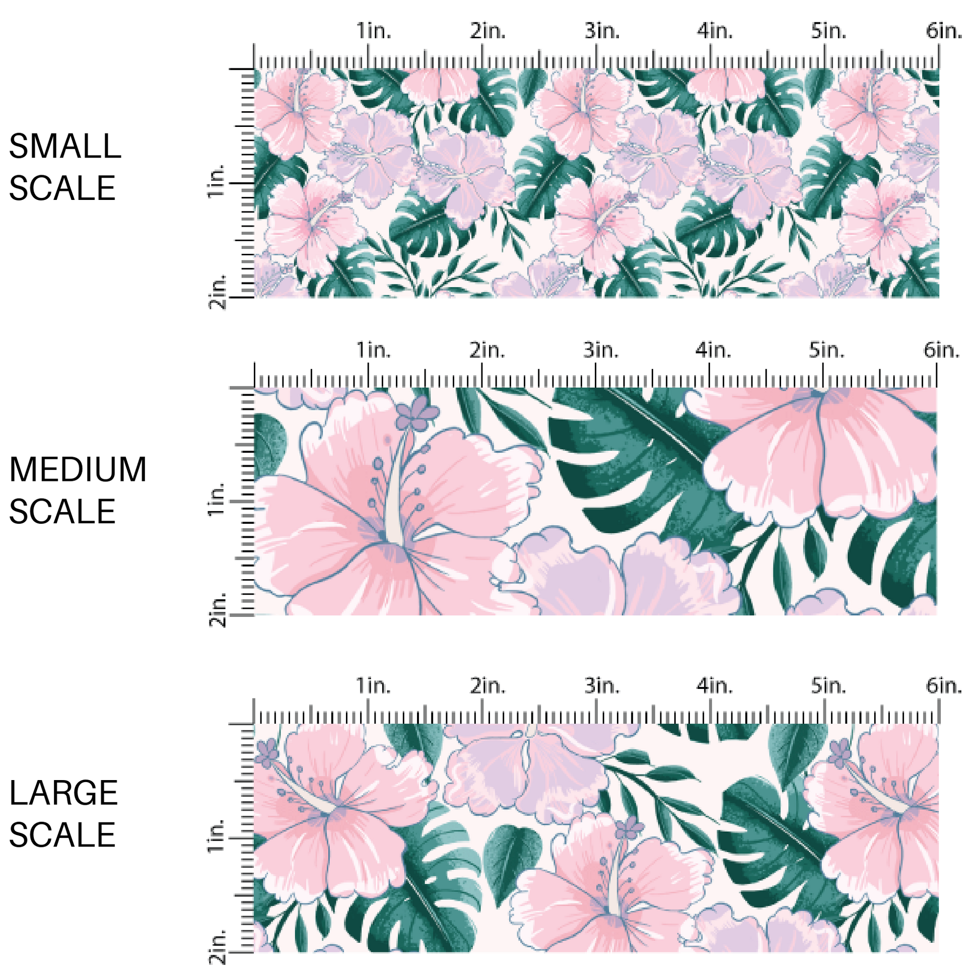 Pink fabric by the yard scaled image guide with light pink hibiscus flowers and green palm leaves