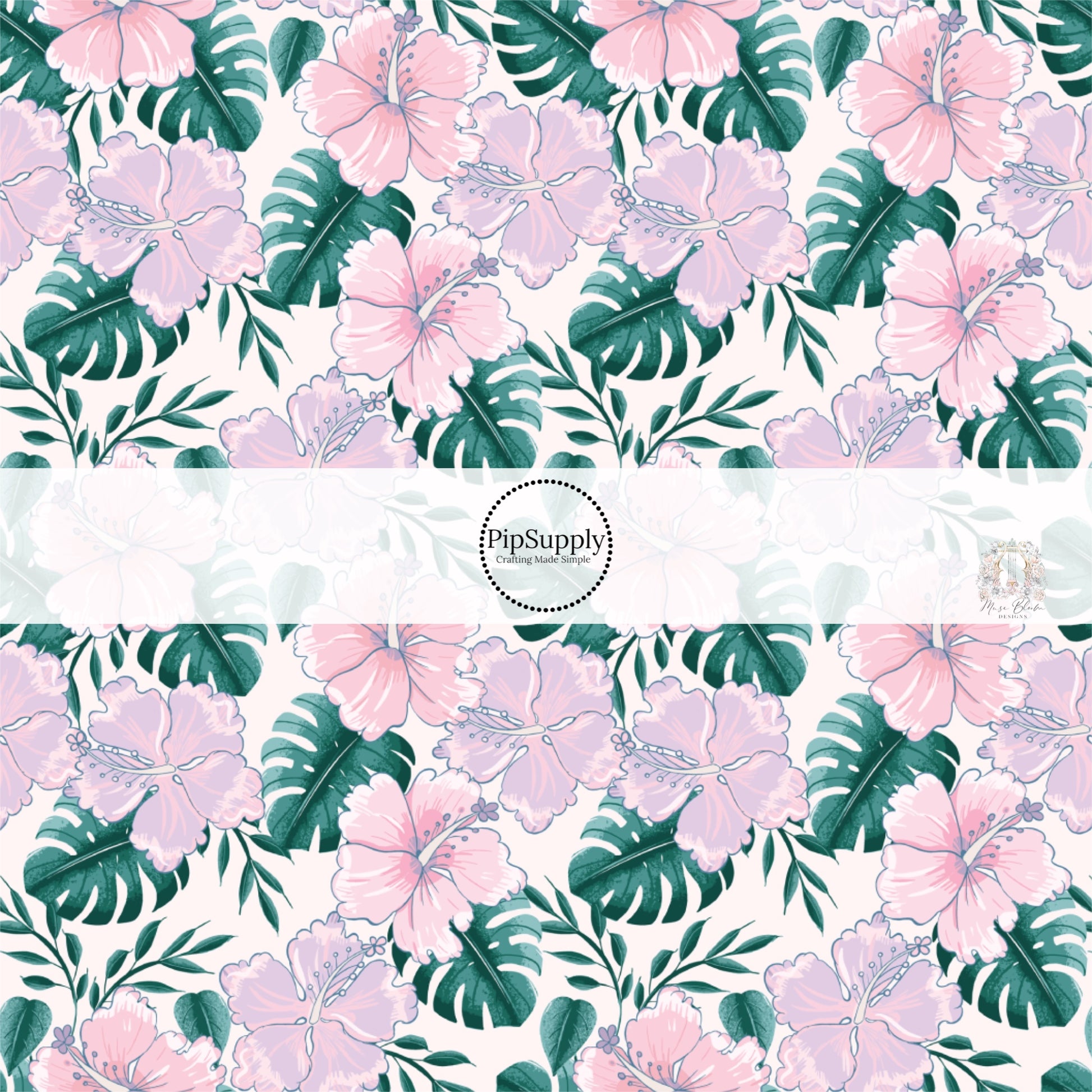 Pink fabric by the yard with light pink hibiscus flowers and green palm leaves