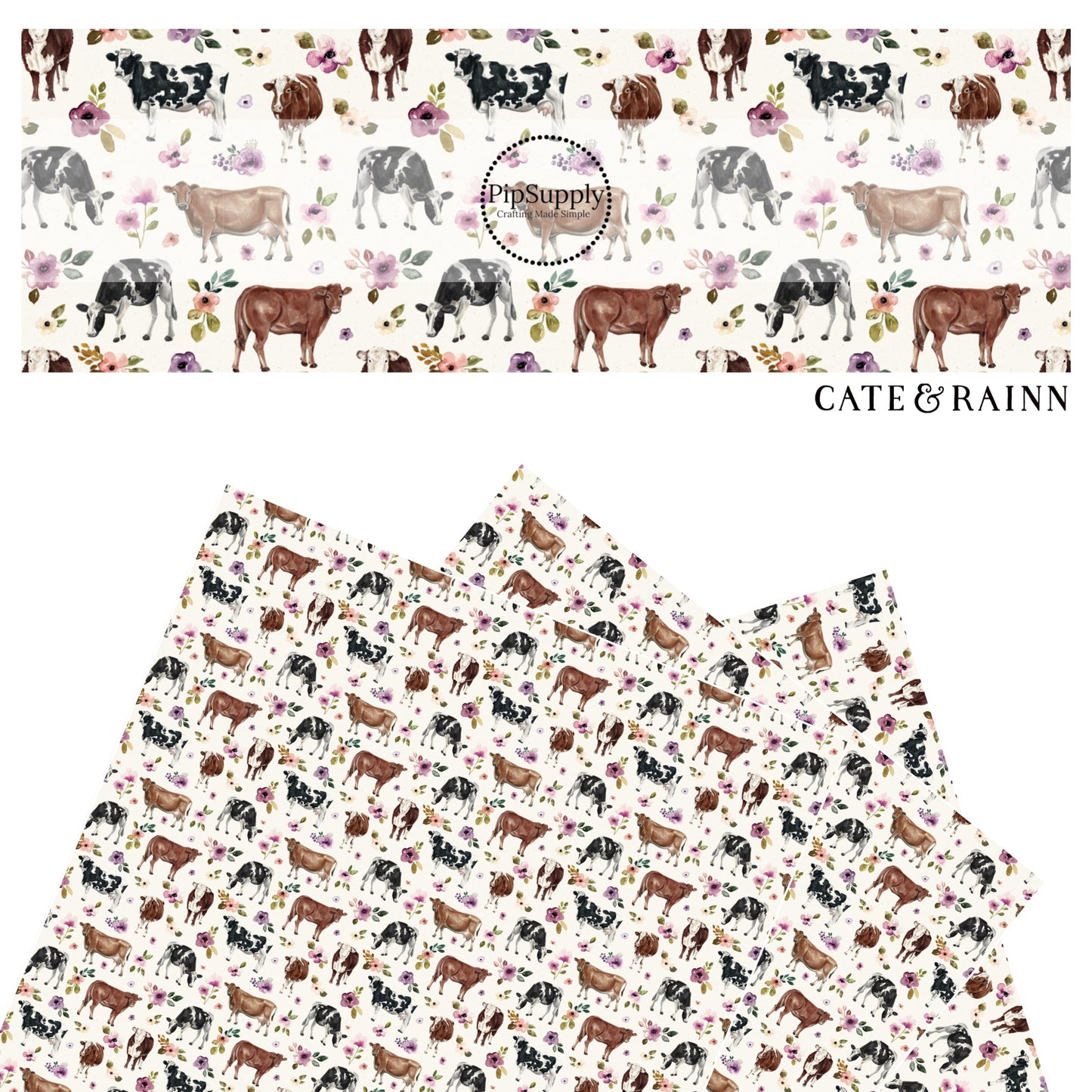 Black and brown cows on the farm pattern with floral faux leather sheet.