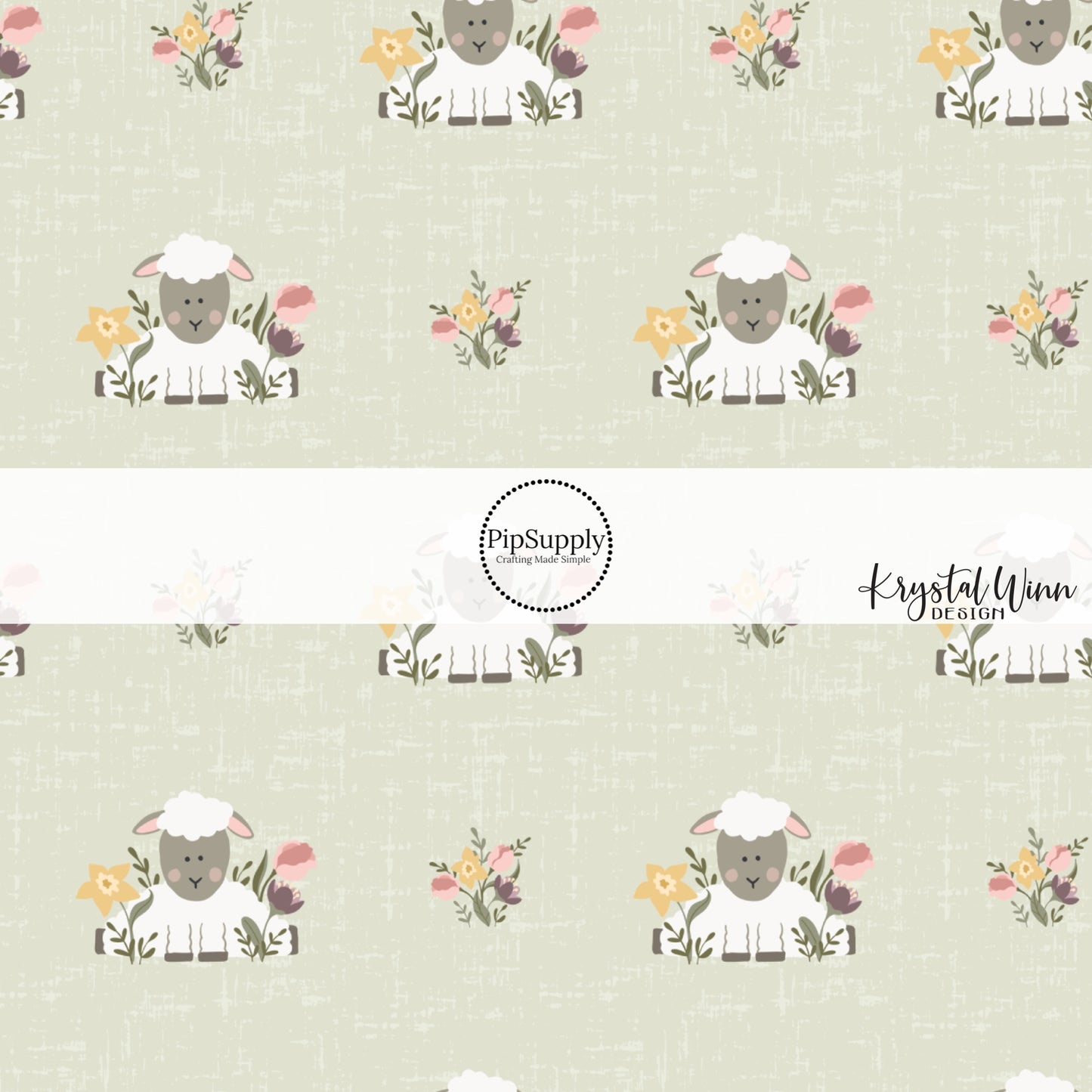 Yellow, pink, and purple flowers with white sheep with a gray face and blushing cheeks on a green distressed bow strip