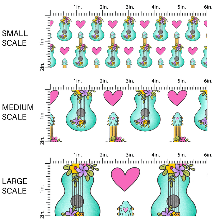 Fabric-By-The-Yard-Krystal-Winn-Groovy-Summer-Collection - White Fabric with Aqua Guitars and Pink Hearts 