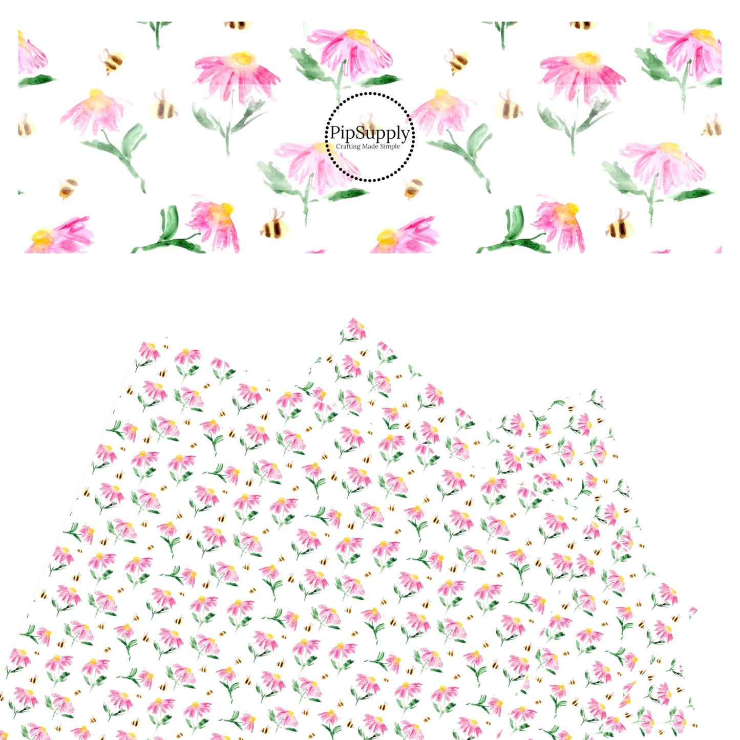 Pink flowers and bumble bees on white faux leather sheet