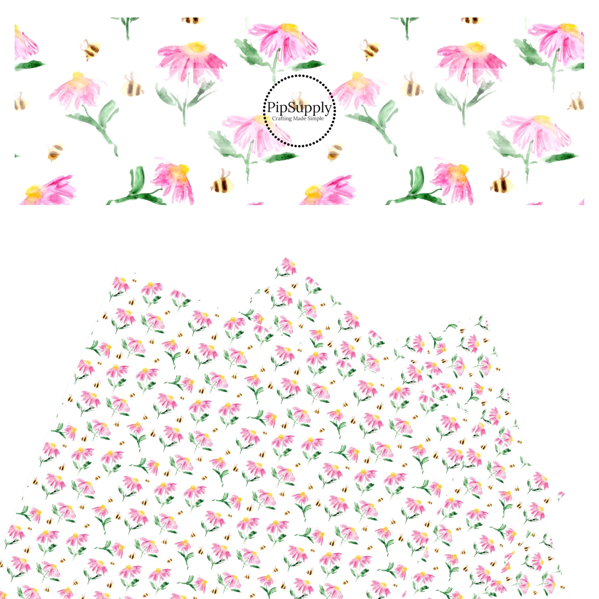 Pink flowers and bumble bees on white faux leather sheet