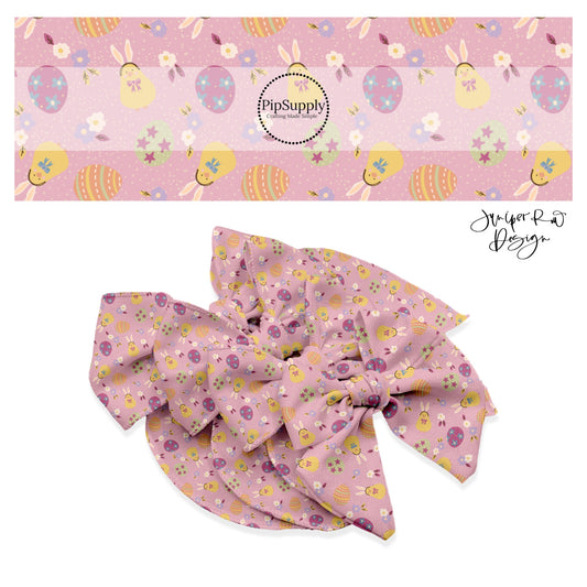 Polka dots, yellow chicks, easter eggs, and flowers on mauve bow strips