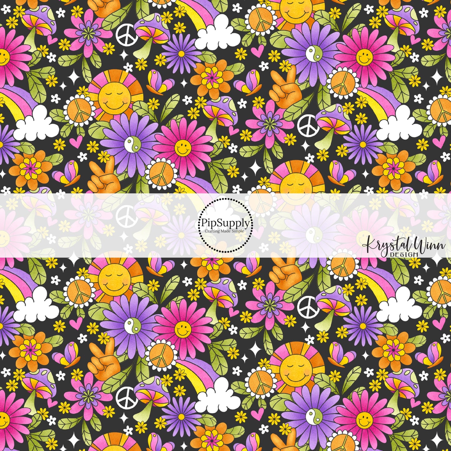 Peace, Floral, and Shrooms Fabric By The Yard - Too Groovy Black