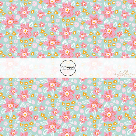 Pink and white floral print on aqua blue fabric by the yard