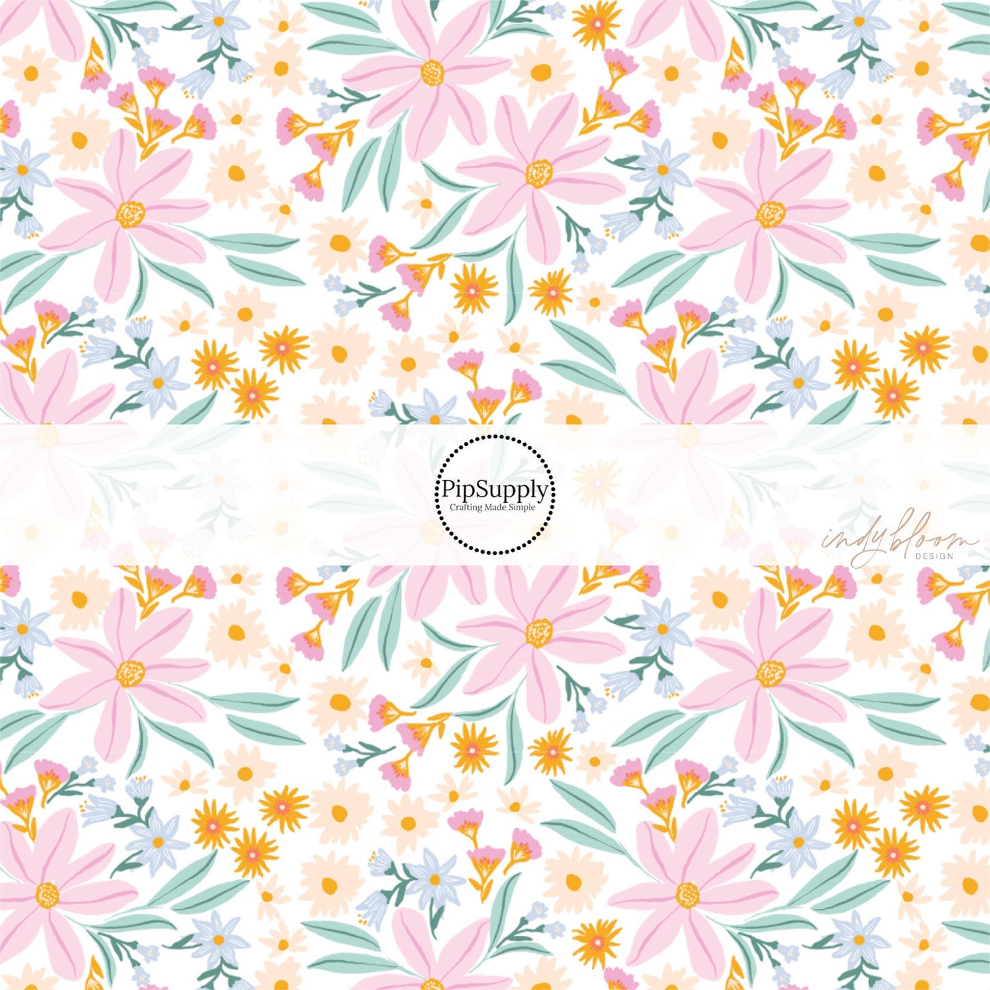 Pink, peach, and blue floral designs on white fabric by the yard.