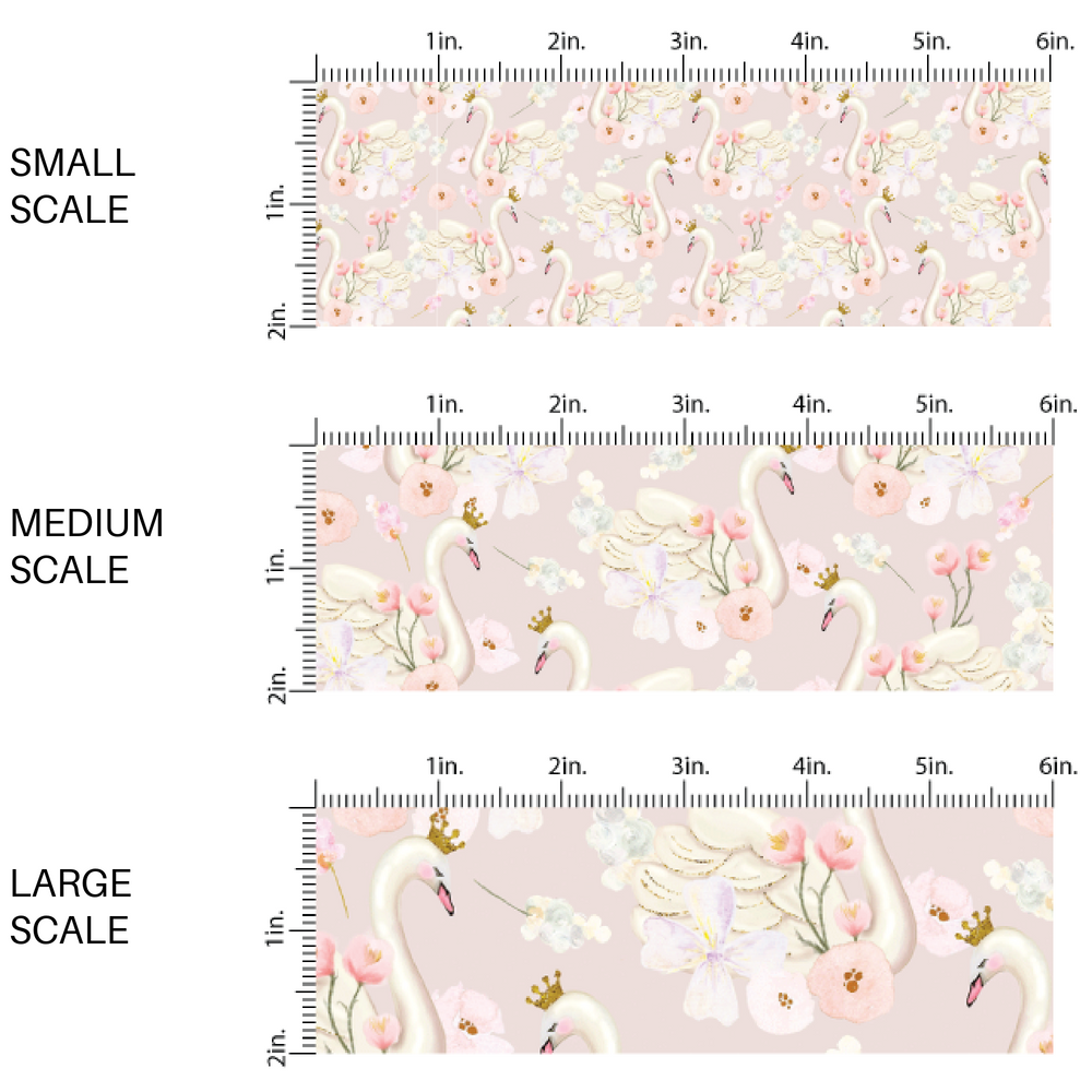 Blush pink fabric by the yard scaled image guide with floating white swans and floral designs