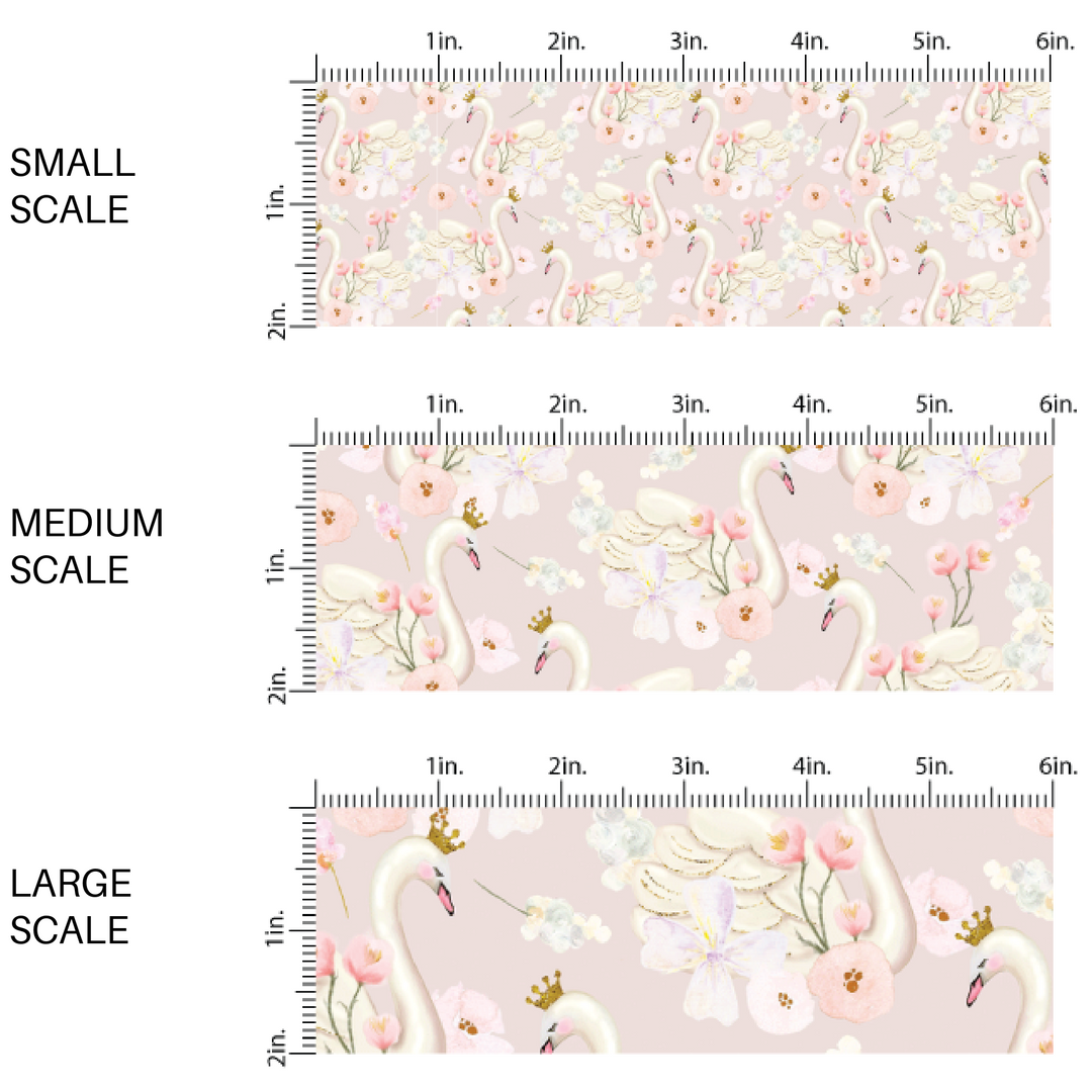 Blush pink fabric by the yard scaled image guide with floating white swans and floral designs