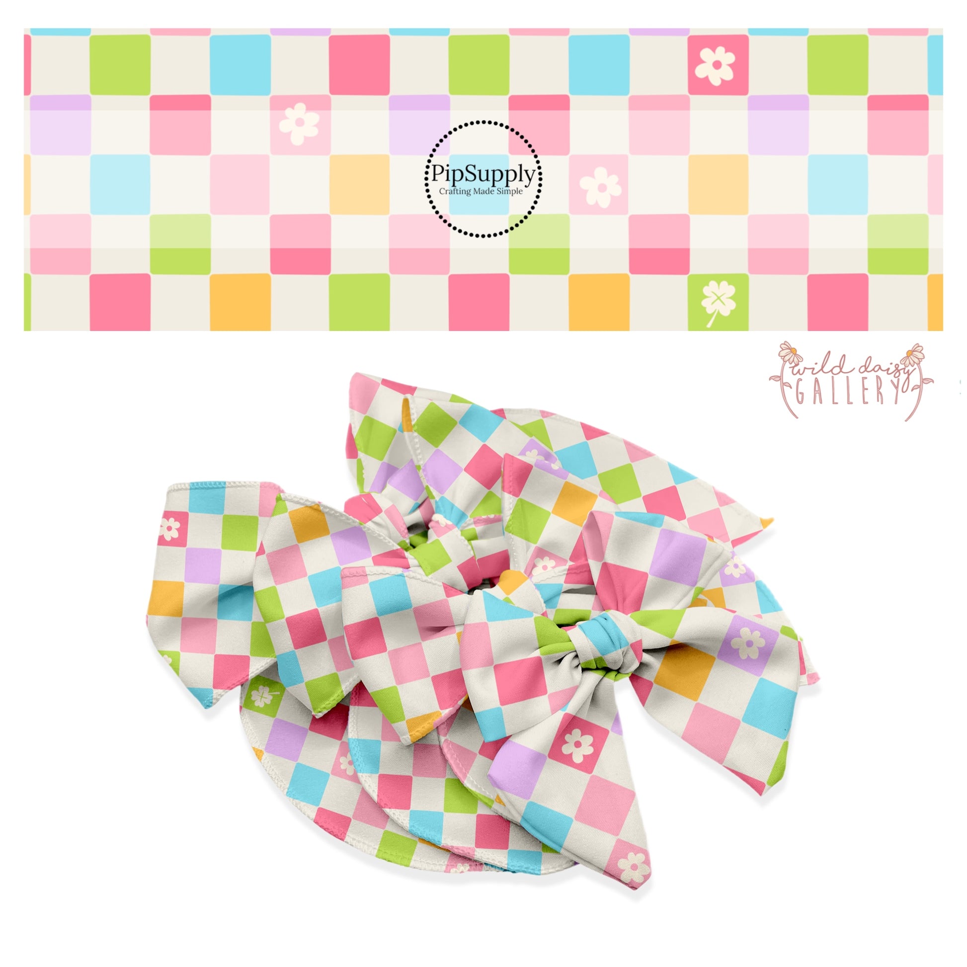 Bright pink, purple, blue, orange, and green checker with grey tiles bow strips