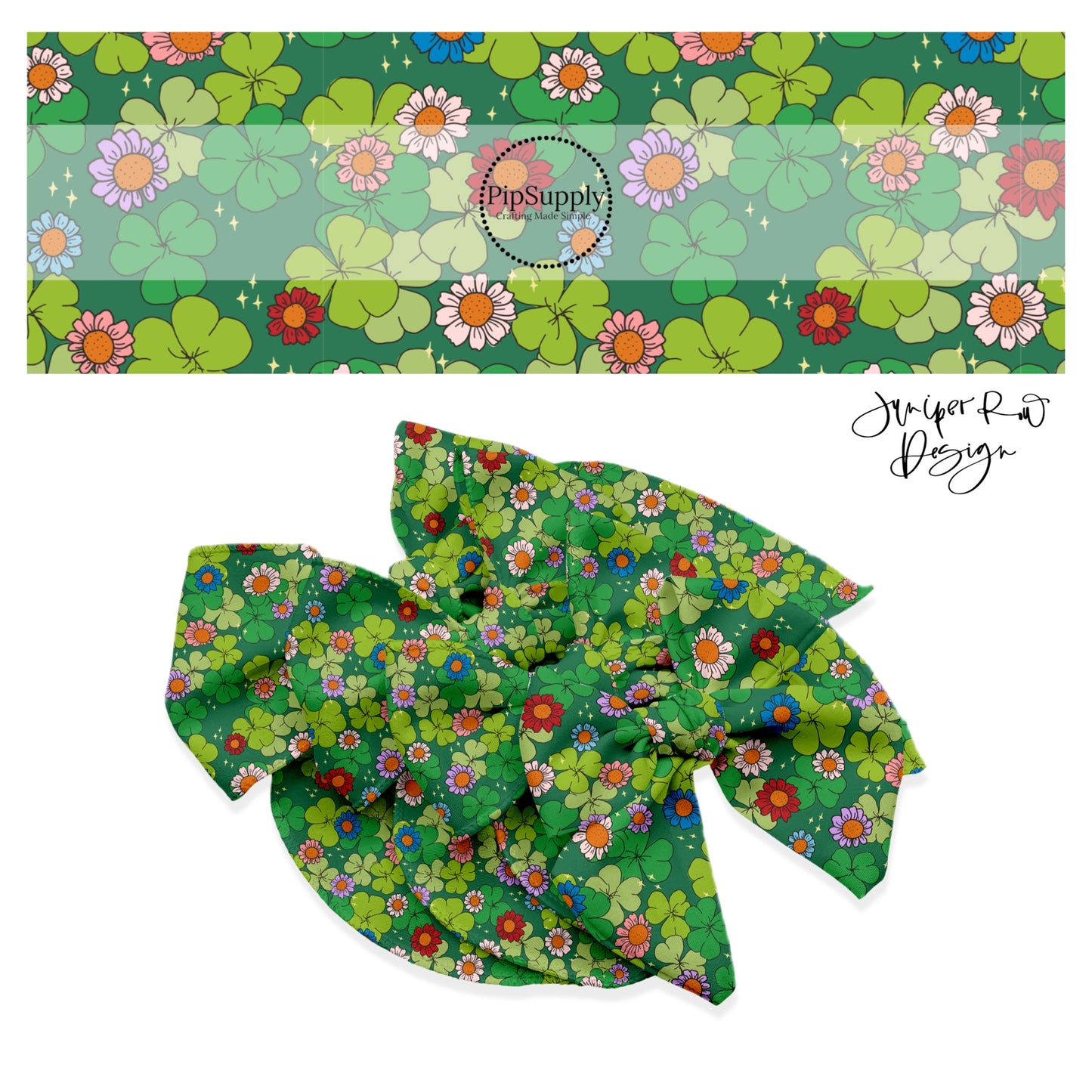 Green clovers with pink, red, and blue sunflowers with gold stars on a green bow strip