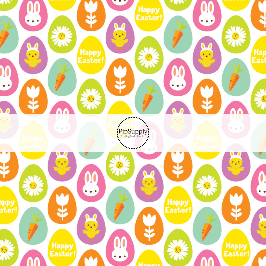 White flowers on green and orange, yellow chicks on purple, white bunnies on pink, orange carrots on aqua, and white words on yellow Easter eggs on white bow strips