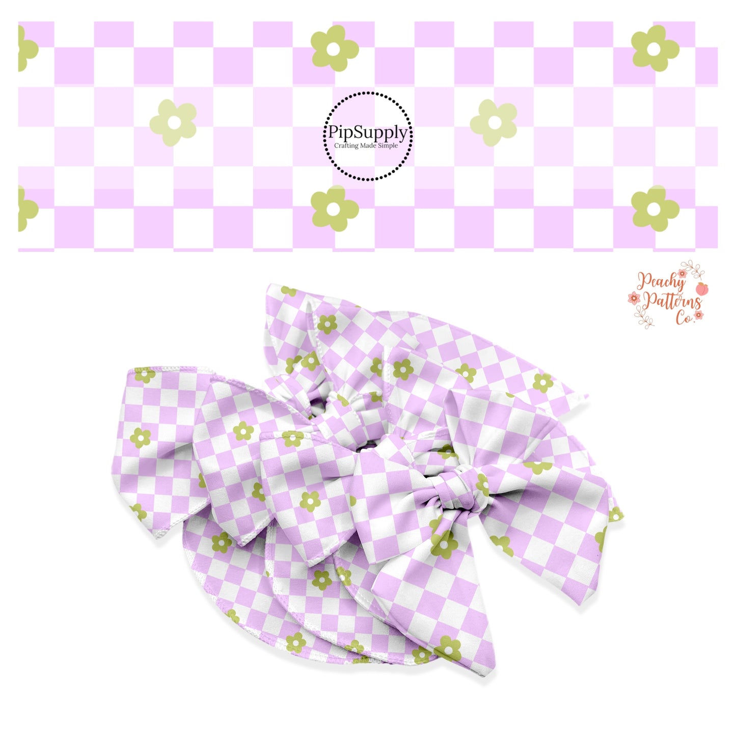 Light purple and white checker with tiny green flowers bow strips