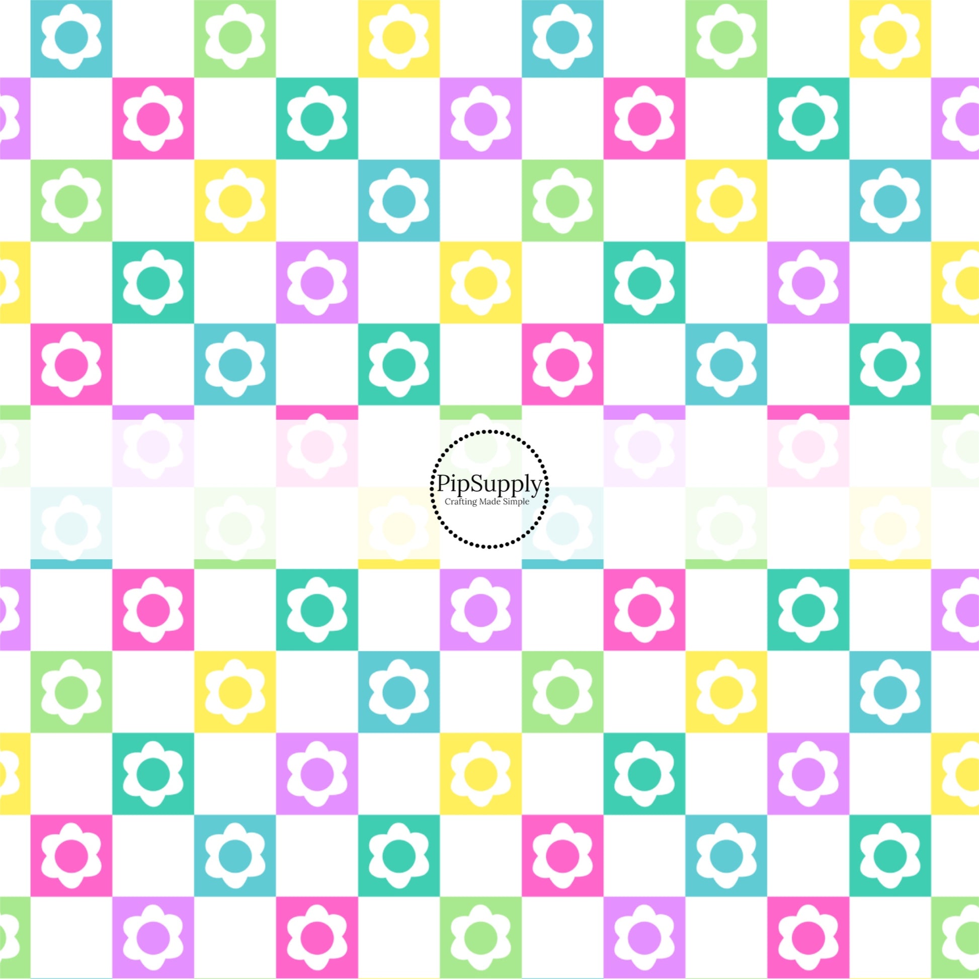 White flower cutouts on green, purple, pink, and yellow checkered bow strips