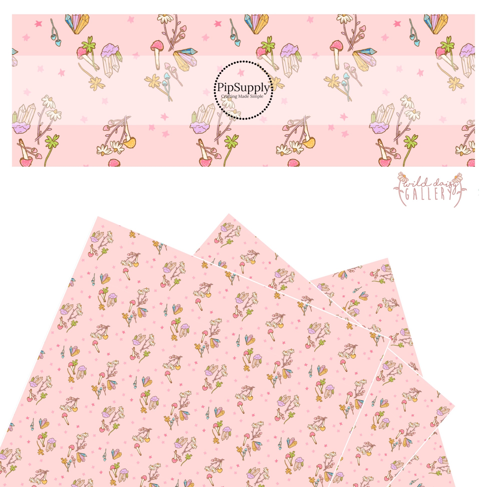 White flowers with green clovers and pink mushrooms with purple, blue, and yellow crystals on a pink faux leather sheet