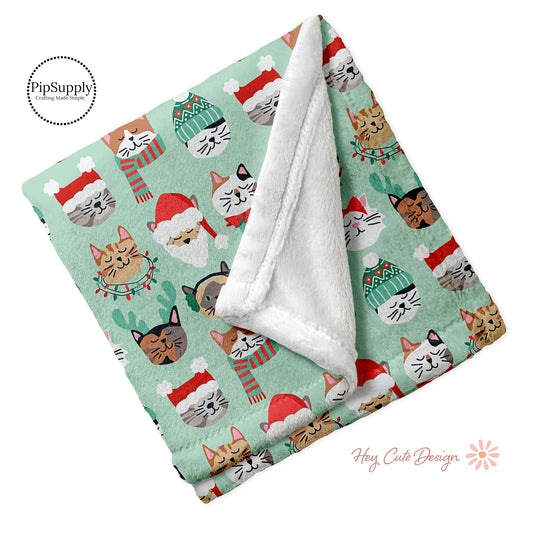 Mint Soft Minky Cat Patterned Christmas Blankets - Cats Dresses in Festive Christmas Hats and Scarves   
