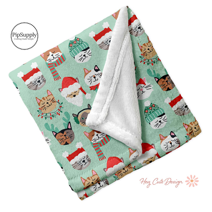 Mint Soft Minky Cat Patterned Christmas Blankets - Cats Dresses in Festive Christmas Hats and Scarves   