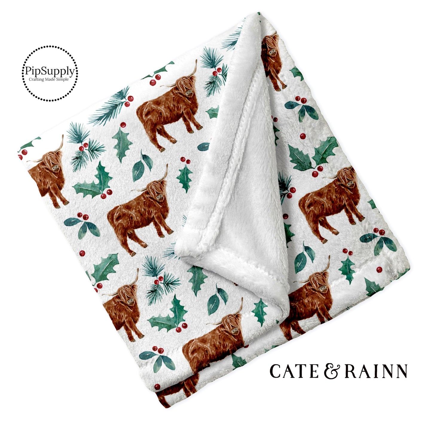 Christmas Cows Surrounded by Holly and Pine Branches Custom Printed Minky Blanket - Highland Cows