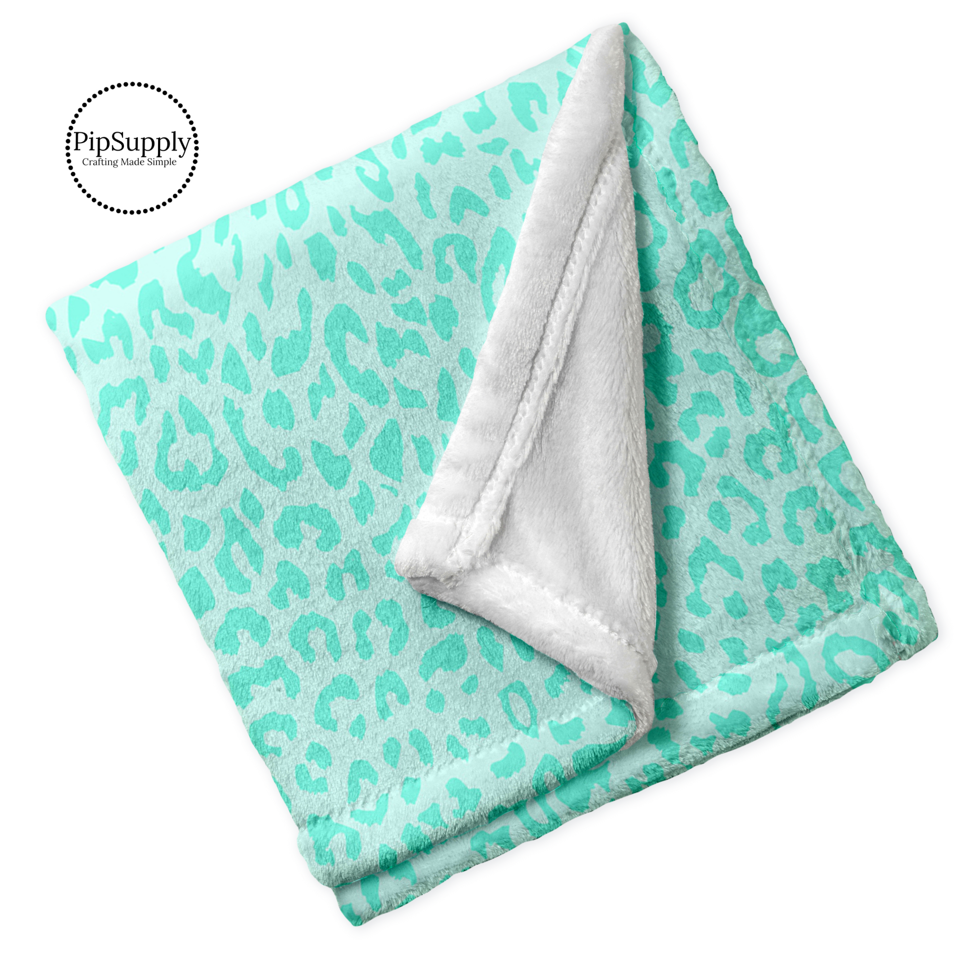 Soft folded minky blanket with light blue and aqua leopard animal print.