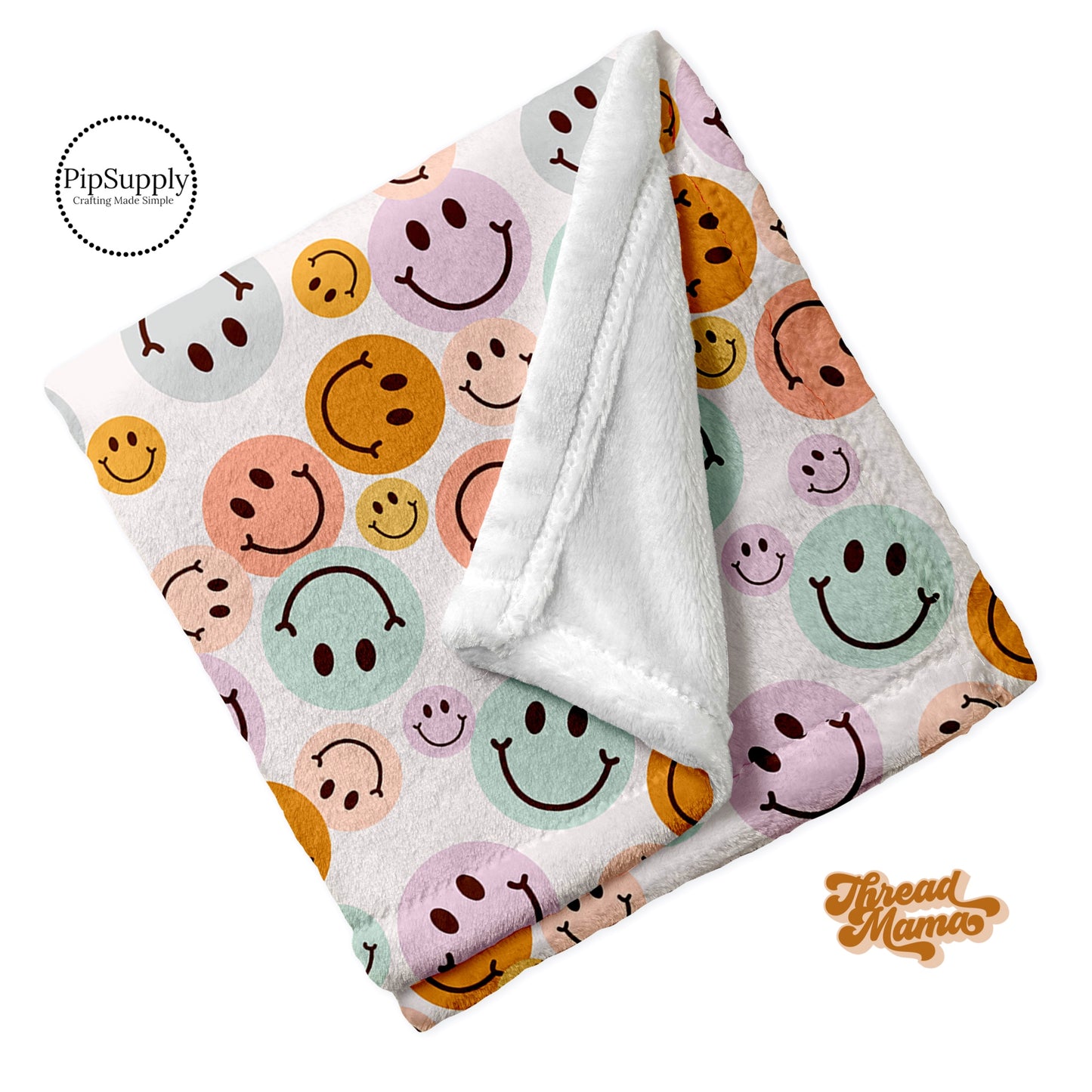 Happy Face Pastel Custom Printed Minky Blanket - Yellow, Aqua, Lavender and Peach Smiley Faces Blanket