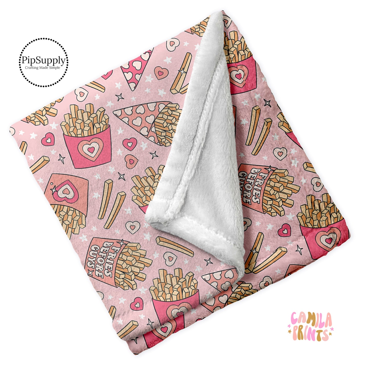 Folded Light Pink plush fur blanket with design of hearts and french fries with "Fries before guys" saying.