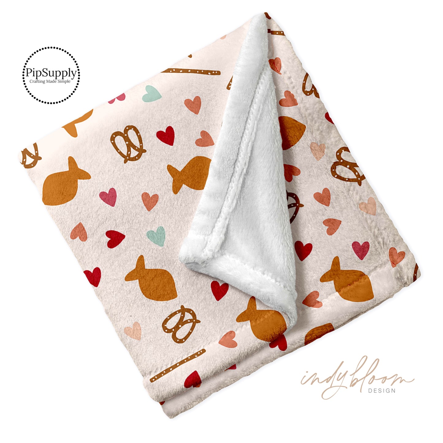 Snacks and hearts pattern on minky furr folded blanket. Gold Fish Custom Printed Blanket with Pretzels and Hearts.