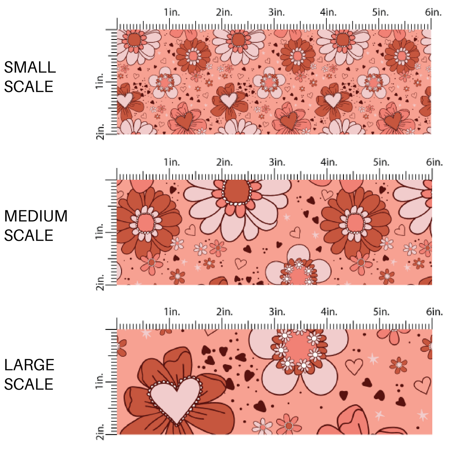 Pink Fabric image guide with hearts and floral prints and patterns - Fabric scaling sizes 