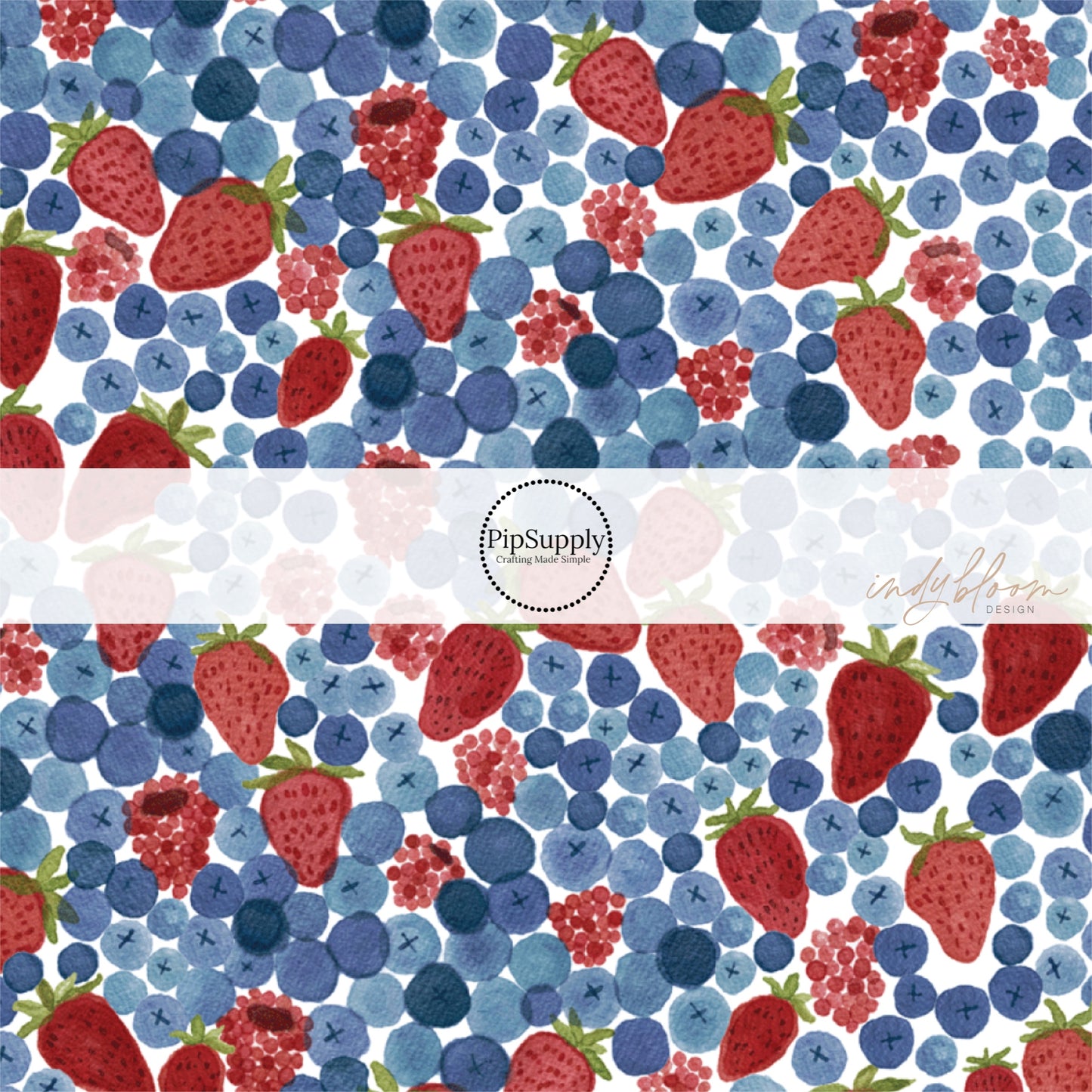 Blueberry, raspberry, and Strawberry fruit themed fourth of July fabric by the yard.