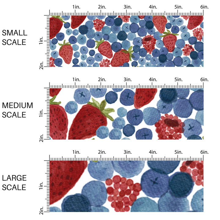 Blueberry, raspberry, and Strawberry fruit themed fourth of July fabric by the yard scaled image guide.