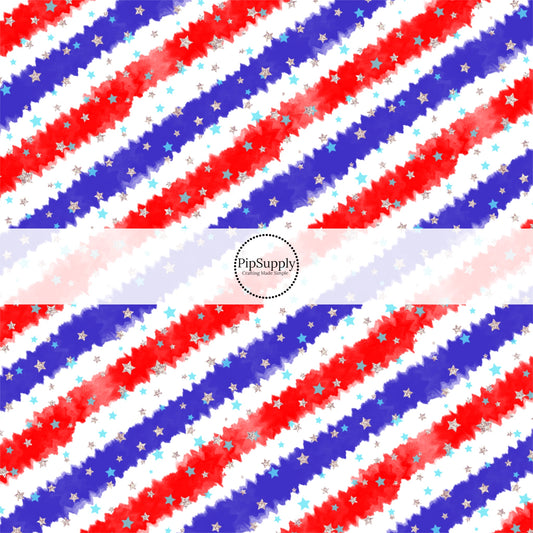 Red, white, and blue watercolor diagonal stripes with silver and blue stars fabric by the yard scaled image guide.