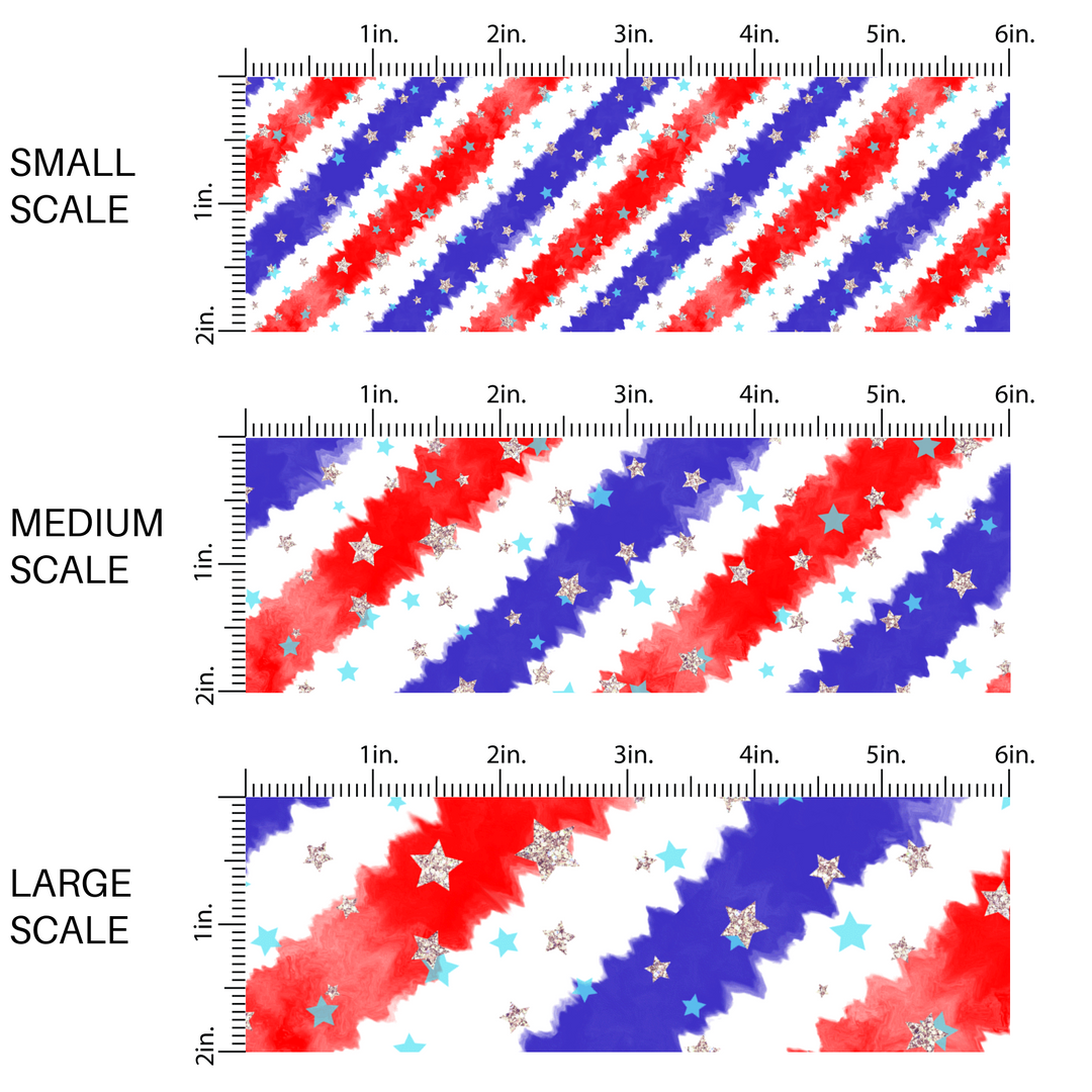 Red, white, and blue watercolor diagonal stripes with silver and blue stars fabric by the yard scaled image guide.