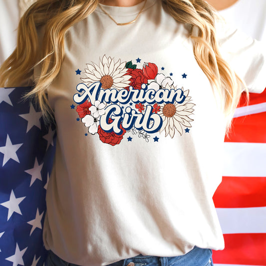 Red and cream floral patriotic themed "American Girl" iron on heat transfer.